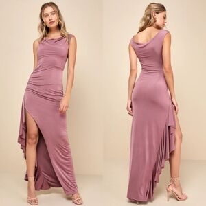 Lulus Sleek Presence Mauve Slinky Knit Cowl Neck Ruffled Maxi Dress S Wedding